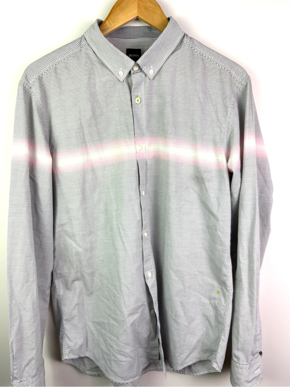 BOSS Light Gray Button-Down Shirt with Pink Stripe fits size M